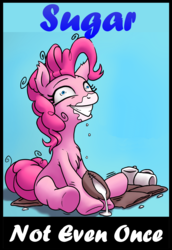 Size: 1448x2104 | Tagged: safe, artist:chromaskunk, artist:slb94, artist:stoic5, edit, pinkie pie, earth pony, pony, g4, chest fluff, female, food, implied drug use, leg twitch, mare, messy mane, not even once, sitting, snorting, solo, sugar (food), text edit, wide eyes
