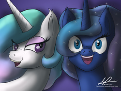 Size: 4800x3600 | Tagged: safe, artist:monakaliza, princess celestia, princess luna, g4, open mouth, smiling