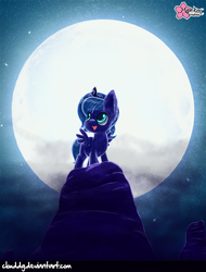 Size: 685x900 | Tagged: safe, artist:clouddg, princess luna, alicorn, pony, g4, cute, female, filly, looking up, moon, night, open mouth, smiling, solo, spread wings, woona, younger