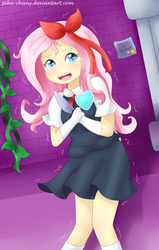 Size: 1400x2200 | Tagged: safe, artist:pika-chany, fluttershy, equestria girls, g4, blushing, clothes, crossover, cute, female, gloves, hair bow, knife, scared, shaking, shivering, shyabetes, skirt, socks, solo, undertale