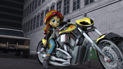 Size: 1920x1080 | Tagged: safe, artist:fd-daylight, sunset shimmer, equestria girls, g4, 3d, boots, building, car, cutie mark, motorcycle, shoes, source filmmaker, tec-9, unamused