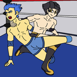 Size: 777x781 | Tagged: safe, artist:avispaneitor, flash sentry, oc, oc:james moon, human, equestria girls, g4, clothes, equestria girls wrestling series, fight, fighter, humanized, rocker, topless, wrestler, wrestling