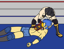 Size: 1060x808 | Tagged: safe, artist:avispaneitor, flash sentry, oc, oc:james moon, human, equestria girls, g4, championship belt, clothes, disrespectful, equestria girls wrestling series, fight, fighter, humanized, humiliation, topless, wrestler, wrestling