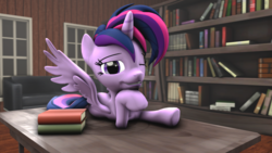 Size: 1920x1080 | Tagged: safe, artist:fd-daylight, twilight sparkle, alicorn, pony, g4, 3d, alternate hairstyle, book, bookhorse, bookshelf, couch, female, looking at you, mare, pose, punklight sparkle, seductive, solo, source filmmaker, table, twilight sparkle (alicorn), wink