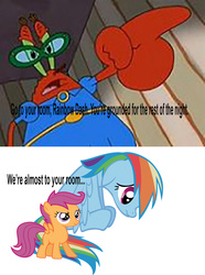 Size: 1072x1440 | Tagged: safe, rainbow dash, scootaloo, g4, grounded, mama krabs, mid-life crustacean, spongebob squarepants