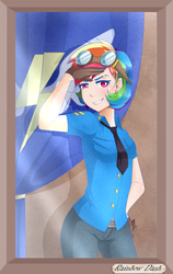 Size: 1196x1894 | Tagged: safe, artist:loure201, rainbow dash, human, g4, female, goggles, humanized, looking at you, solo