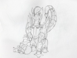 Size: 2776x2094 | Tagged: safe, artist:nakijan, rainbow dash, pegasus, pony, fallout equestria, g4, armor, enclave, fallout, female, high res, mare, monochrome, powered exoskeleton, solo, traditional art