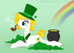 Size: 1260x900 | Tagged: safe, artist:shadobabe, oc, oc only, oc:fortune flair, earth pony, pony, clover, female, four leaf clover, gold, hat, mare, pipe, rainbow, solo