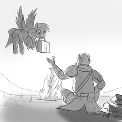 Size: 855x854 | Tagged: safe, artist:mistermech, derpy hooves, pegasus, pony, g4, armor, bonfire, crossover, dark souls, female, fire, flying, helmet, mare, monochrome, mouth hold, present, sitting, sword, weapon