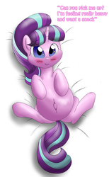 Size: 2879x4686 | Tagged: safe, artist:seenty, starlight glimmer, pony, unicorn, g4, blushing, cute, female, on back, on bed, pregnant, solo