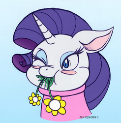 Size: 681x691 | Tagged: safe, artist:foxbeast, rarity, g4, clothes, cute, eating, female, flower, herbivore, horses doing horse things, solo, sweater