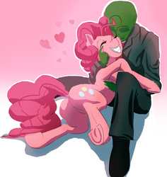 Size: 809x857 | Tagged: source needed, safe, artist:maarthul, pinkie pie, oc, oc:anon, earth pony, human, pony, g4, cheek fluff, cute, diapinkes, dock, duo, ear fluff, female, gradient background, heart, hug, leg fluff, male, mare, underhoof