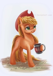 Size: 900x1296 | Tagged: safe, artist:sugarheartart, applejack, g4, alcohol, cider, female, food, mug, solo, watermark