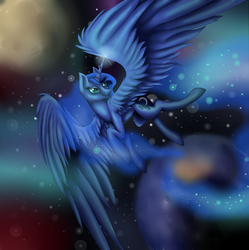 Size: 3061x3072 | Tagged: dead source, safe, artist:ellen124, princess luna, alicorn, pony, g4, female, flying, high res, magic, solo