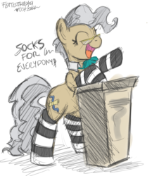Size: 1440x1669 | Tagged: safe, artist:flutterthrash, mayor mare, pony, 30 minute art challenge, bipedal, clothes, cute, dialogue, eyes closed, female, happy, open mouth, podium, simple background, smiling, socks, solo, striped socks, white background