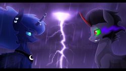 Size: 1920x1080 | Tagged: safe, artist:thebluedreammaker, king sombra, princess luna, g4, female, jewelry, lightning, looking at each other, male, nightmare luna, rain, ship:lumbra, shipping, straight