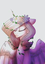 Size: 1024x1448 | Tagged: safe, artist:orfartina, princess celestia, pony, princess molestia, g4, eyes closed, female, flower, flower in hair, mare, simple background, solo, spread wings, transparent background