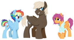 Size: 1300x701 | Tagged: safe, artist:dbkit, dumbbell, rainbow dash, scootaloo, pegasus, pony, g4, clothes, dumbdash, female, jacket, male, older, older scootaloo, shipping, simple background, story included, straight, transparent background, trio