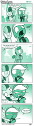 Size: 635x2348 | Tagged: safe, artist:dori-to, bon bon, lyra heartstrings, sweetie drops, earth pony, pony, unicorn, comic:silly lyra, g4, angry, clothes, comic, convention, female, gradient background, greenscale, mare, monochrome, plushie, saddle bag, shirt, silly lyra, there can be only one