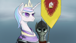 Size: 2870x1614 | Tagged: safe, artist:aaronmk, princess celestia, g4, alternate hairstyle, armor, banner, game of thrones