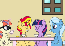 Size: 1400x1000 | Tagged: safe, artist:spritepony, moondancer, sunset shimmer, trixie, twilight sparkle, alicorn, pony, unicorn, g4, counterparts, food, group, magical quartet, sipping, tea, tea party, teacup, twilight sparkle (alicorn), twilight's counterparts, younger