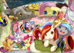 Size: 1040x744 | Tagged: safe, artist:koishi_chikasa, apple bloom, diamond tiara, discord, fluttershy, pinkie pie, scootaloo, silver spoon, sweetie belle, oc, oc:poniko, oc:rokuchan, draconequus, earth pony, pegasus, pony, unicorn, g4, blushing, cutie mark crusaders, eyes closed, female, filly, flower, food, glasses, japan ponycon, looking at each other, looking at you, male, mare, mochi, open mouth, origami, pixiv, prone, sitting, smiling, sweat, sweatdrop, tongue out