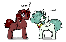 Size: 1989x1285 | Tagged: safe, artist:hipsanon, oc, oc only, oc:emerald jewel, oc:ruby rouge, alicorn, pony, colt quest, alicorn oc, amulet, colt, female, femboy, filly, foal, hair over one eye, horn, male, surprised, tomboy