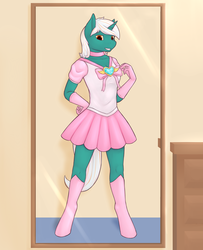 Size: 2069x2549 | Tagged: safe, artist:daf, oc, oc only, oc:qen, unicorn, anthro, unguligrade anthro, boots, clothes, explicit source, gloves, high res, magical girl, skirt, solo