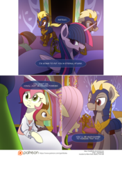 Size: 3541x5016 | Tagged: safe, artist:gashiboka, doctor whooves, fluttershy, roseluck, time turner, twilight sparkle, oc, oc:silent dash, alicorn, pony, comic:recall the time of no return, g4, comic, female, mare, patreon, patreon logo, twilight sparkle (alicorn)