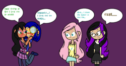 Size: 925x483 | Tagged: safe, artist:obeliskgirljohanny, fluttershy, oc, oc:goth angel, oc:hovis, oc:scarla, human, g4, blushing, cleavage, female, humanized, kiss mark, lipstick fetish, speechless