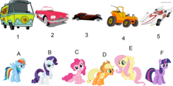 Size: 2000x1000 | Tagged: safe, applejack, fluttershy, pinkie pie, rainbow dash, rarity, twilight sparkle, g4, 101 dalmatians, 50's corvette, activity, car, chevrolet, chevrolet corvette, corvette, disney, hanna barbera, mach 5, mane six, mystery machine, puzzle, scooby-doo!, speed buggy, speed racer