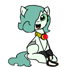Size: 640x600 | Tagged: safe, artist:ficficponyfic, color edit, edit, oc, oc only, oc:emerald jewel, earth pony, pony, colt quest, amulet, bandage, color, colored, colt, cuffs, cute, femboy, hair over one eye, happy, male, restrained, simple background, sitting, transparent background, trap, young