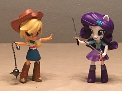 Size: 1024x768 | Tagged: safe, artist:mayorlight, applejack, rarity, equestria girls, g4, clothes, doll, equestria girls minis, eqventures of the minis, female, flail, irl, photo, sai, skirt, toy, weapon