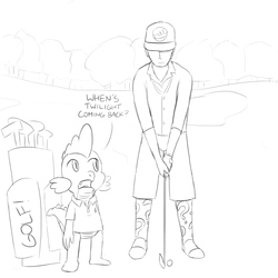 Size: 1200x1200 | Tagged: safe, artist:unsavorydom, spike, oc, oc:anon, human, g4, clothes, dialogue, golf, monochrome, polo shirt