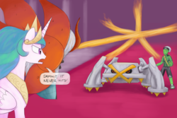 Size: 1280x854 | Tagged: safe, artist:unsavorydom, princess celestia, oc, oc:anon, human, metagross, volcarona, g4, fire, fire blast, pokémon, pokémon battle, shiny pokémon, speech bubble