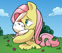 Size: 6932x6000 | Tagged: safe, artist:eagle1division, artist:jay fosgitt, angel bunny, fluttershy, g4, absurd resolution, cute, filly, holding, hug, looking up, outdoors, shyabetes, vector, weapons-grade cute