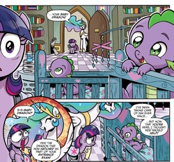 Size: 1363x1270 | Tagged: safe, artist:brenda hickey, idw, princess celestia, spike, twilight sparkle, friendship is magic #40, g4, spoiler:comic, baby spike, crib, filly, filly twilight sparkle