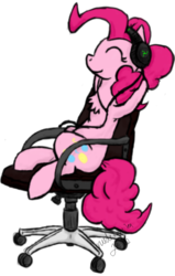 Size: 725x1140 | Tagged: safe, artist:inudewaruika, pinkie pie, earth pony, pony, g4, chair, eyes closed, female, headphones, mare, office chair, relaxing, simple background, sitting, solo, transparent background