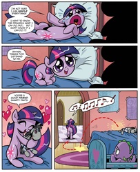 Size: 1331x1640 | Tagged: safe, artist:brendahickey, idw, smarty pants, spike, twilight sparkle, g4, spoiler:comic, spoiler:comic40, baby spike, crib, crying, cute, female, filly, filly twilight sparkle, heart, twiabetes, younger