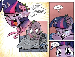 Size: 1345x1019 | Tagged: safe, artist:brendahickey, idw, smarty pants, spike, twilight sparkle, g4, spoiler:comic, spoiler:comic40, baby spike, crying, filly, yelling
