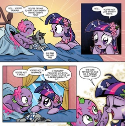 Size: 1360x1366 | Tagged: safe, artist:brendahickey, idw, smarty pants, spike, twilight sparkle, g4, spoiler:comic, spoiler:comic40, baby spike, crying, filly
