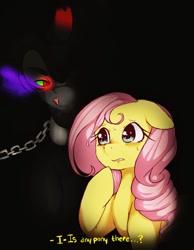 Size: 787x1014 | Tagged: artist needed, safe, fluttershy, king sombra, g4, anxiety, chains, dark, female, licking, licking lips, male, meeting, nervous, scared, ship:sombrashy, shipping, straight, tongue out