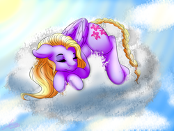 Size: 1280x960 | Tagged: safe, artist:fatcakes, lily blossom, pegasus, pony, g4, braided tail, cloud, sleeping, solo