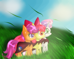 Size: 2500x2000 | Tagged: safe, artist:novaspark, apple bloom, scootaloo, sweetie belle, g4, cape, chest fluff, clothes, cmc cape, cutie mark crusaders, ear fluff, high res
