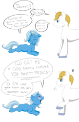 Size: 719x1112 | Tagged: safe, artist:northernnerds, prince blueblood, trixie, pony, unicorn, g4, cravings, female, male, mare, mood swing, pregnant, ship:bluetrix, shipping, straight, swearing