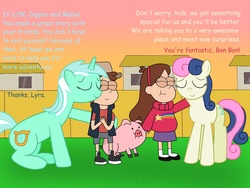 Size: 1280x960 | Tagged: safe, artist:04startycornonline88, bon bon, lyra heartstrings, sweetie drops, earth pony, human, pig, pony, unicorn, g4, adorabon, comic sans, crossover, cute, dipper pines, equestria, eyes closed, female, gravity falls, lyrabetes, mabel pines, male, mare, speech, text, waddles
