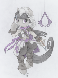 Size: 749x1000 | Tagged: safe, artist:dfectivedvice, artist:sirhcx, octavia melody, earth pony, pony, g4, assassin, assassin's creed, bipedal, bowtie, clothes, cosplay, costume, crossover, female, long tail, solo, tail, weapon
