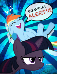 Size: 1275x1650 | Tagged: safe, artist:ahrimatt, artist:caliazian, artist:yanoda, rainbow dash, twilight sparkle, g4, angry, duo, egghead, laughing, soon, speech bubble, twilight sparkle is not amused