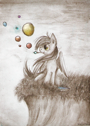 Size: 1138x1590 | Tagged: safe, artist:mufflinka, derpy hooves, pegasus, pony, g4, blowing bubbles, bubble, female, mare, solo, traditional art