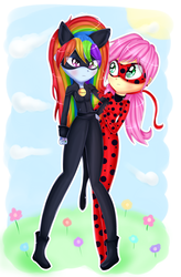Size: 1259x1920 | Tagged: safe, artist:vixelzf, fluttershy, rainbow dash, equestria girls, g4, chat noir, clothes, cosplay, costume, crossover, female, lesbian, miraculous ladybug, ship:flutterdash, shipping